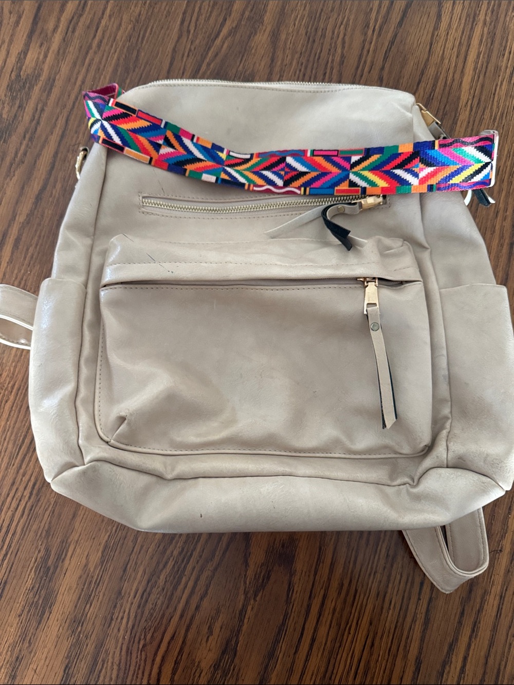 Everyday Convertible Backpack Tote in Cream with Colorful Strap